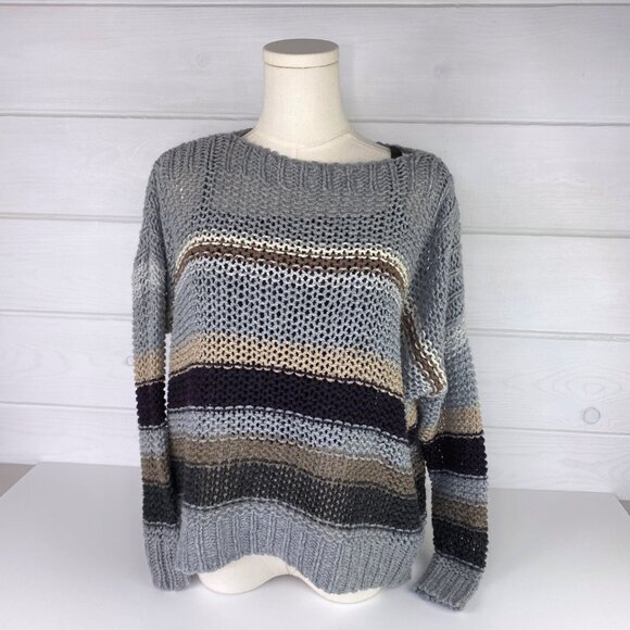 Open Knit Stripe Sweater S Boxy Oversized Boho Chic Bohemian Neutral Earthy Fall - Picture 2 of 8